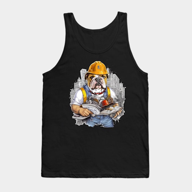 Accountant English Bulldog t-shirt design, a bulldog wearing a hard hat and holding a blueprint Tank Top by teestore_24